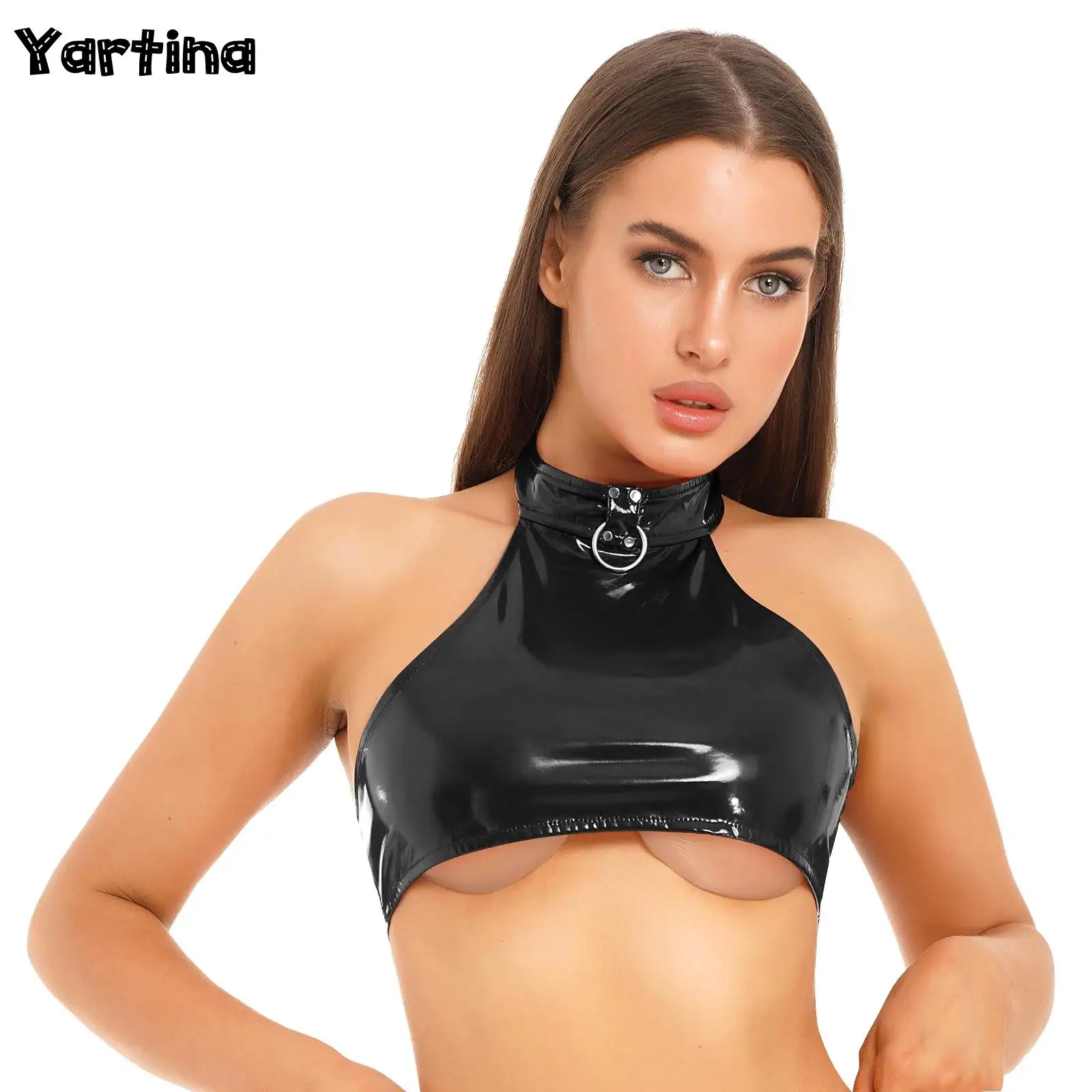 Womens O Ring Halter Latex Vest Tops Camisole Backless Sleeveless Patent Leather Bralette Bustier Crop Top for Rave Party Club