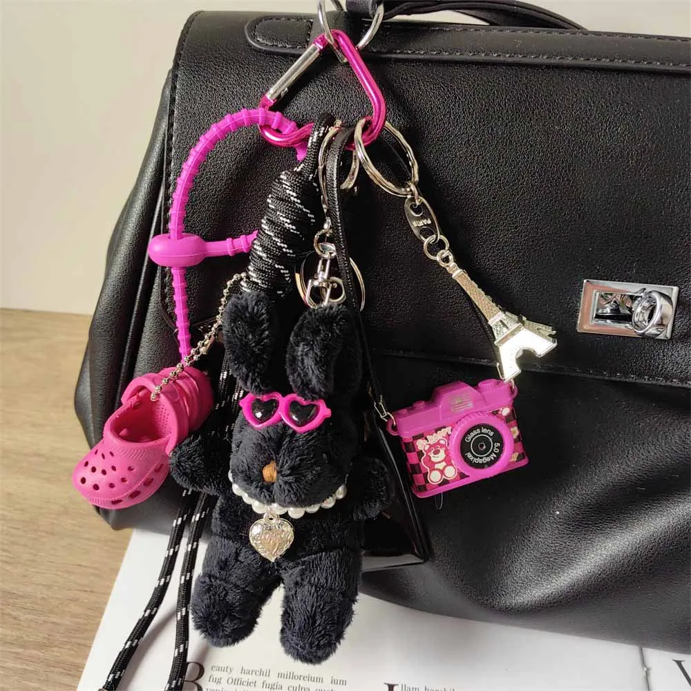 New Black Plush Rabbit Doll Keychain Mini Camera Bag Pendant