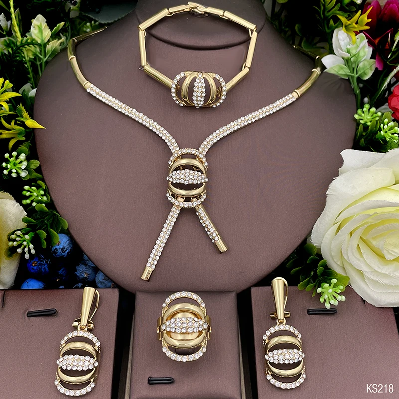 Elegant Jewelry set for women Gold Plated Dubai Jewelry Necklace Earrings Bracelet For get-together travel wedding gifts