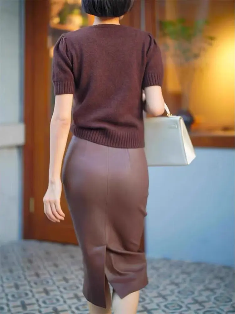 

Autumn Winter Medium Length A-Line Skirt Real eep Leather Wrap around High Waist Ba Split Women's Faion Ci Walk Casual