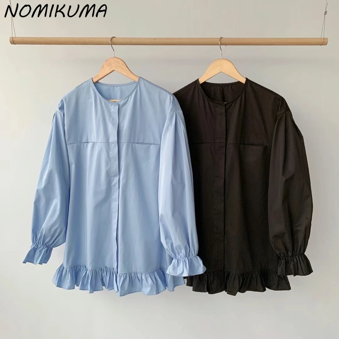 Nomikuma 2023 corea Chic autunno camicie moda o-collo Patchwork volant causale medio-lungo manica svasata camicetta donna Camisa