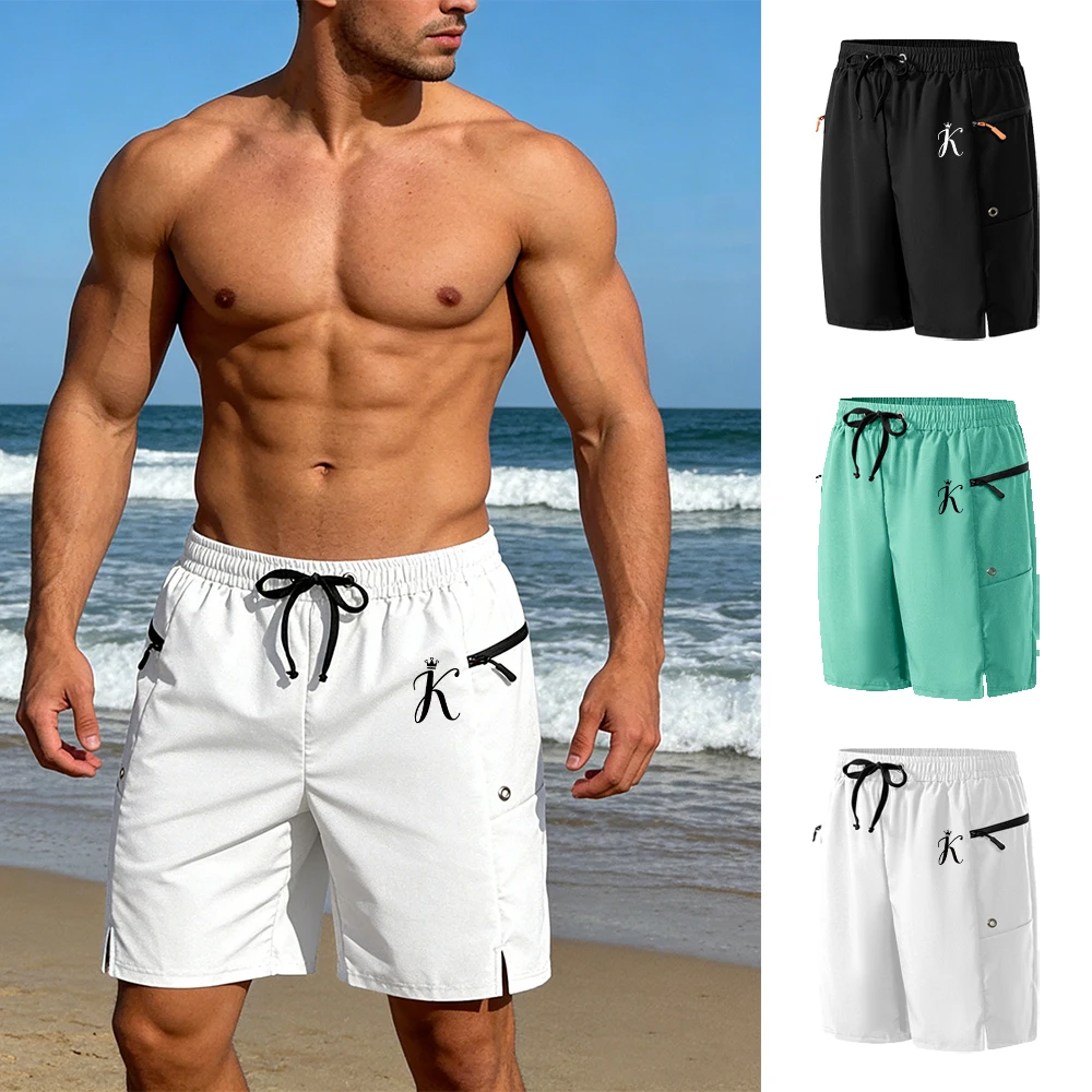 

Мужские пляжные шорты с принтом K, дышащие спортивные шорты с карманами на молнии, летние повседневные шорты до колена для плавания и серфинга на открытом воздухе