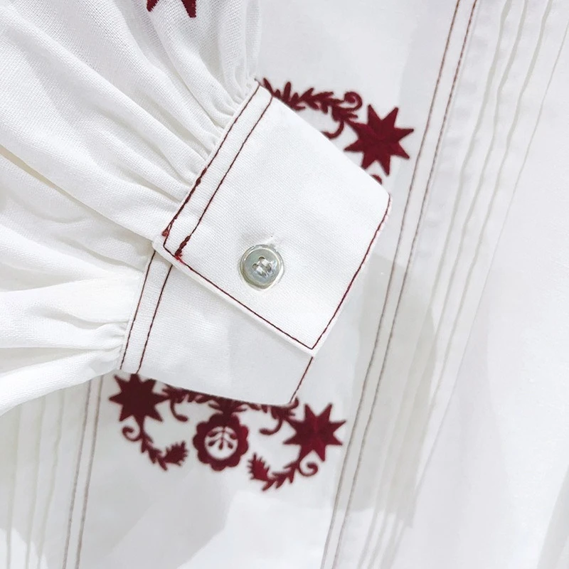 2025 가을 겨울 여성 신상 자수 셔츠 퍼프 소매 캐주얼 반팔 루즈핏 편안한 여성 상의