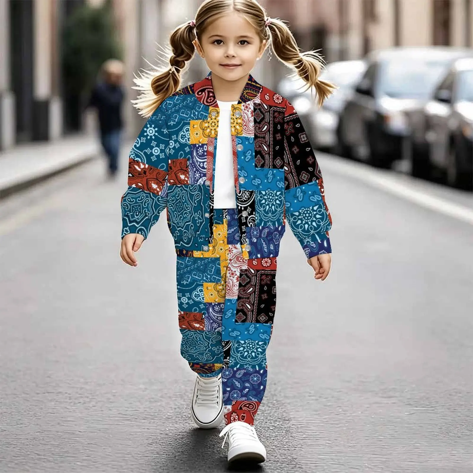 Retro Fashion Girls 2 Pieces Print Long Sleeve Coat + Sport Pants for Vacation and Daily Wear