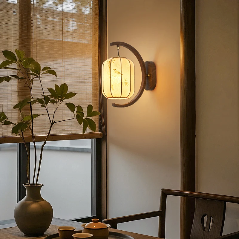 

Medieval Aesthetic Wooden Wall Lamps Living Room Tea Room Study Corridor Fabric Art Retro Bedroom Bedside Zen Spirit Wall Lights