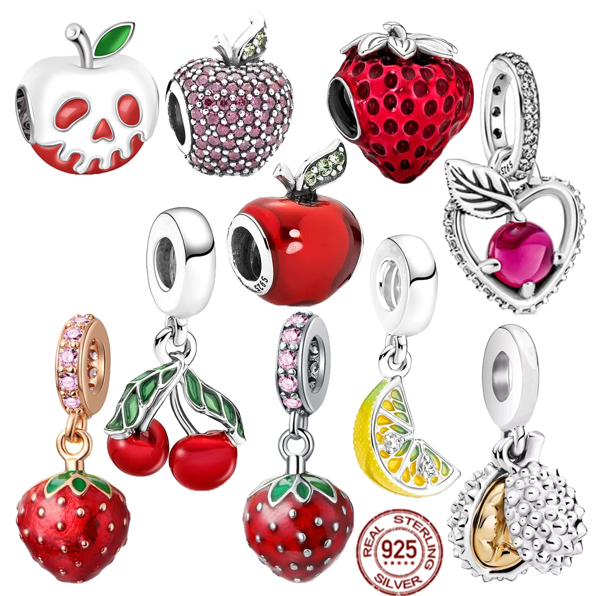Fruit Series 925 Sterling Silver Apple Lemon Durian Strawberry Pineapple Dangle Charm Bead Fit Original Pandora Bracelet Jewelry
