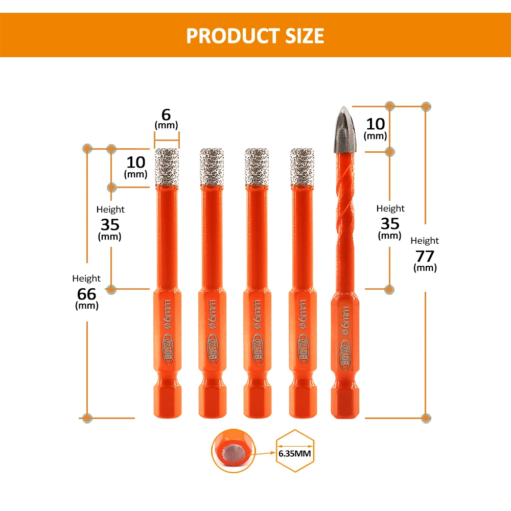 BGTEC 5pcs/Box Hex Shank Quick Release Diamond Drill Bits Set Cross Hole Opener Dia6mm Ceramic Tile PVC Wood Drilling Core Kit