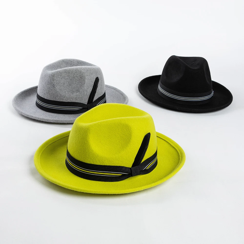 

Autumn and winter new fashion casual striped ribbon feather decoration warped wool jazz hat big head felt hat