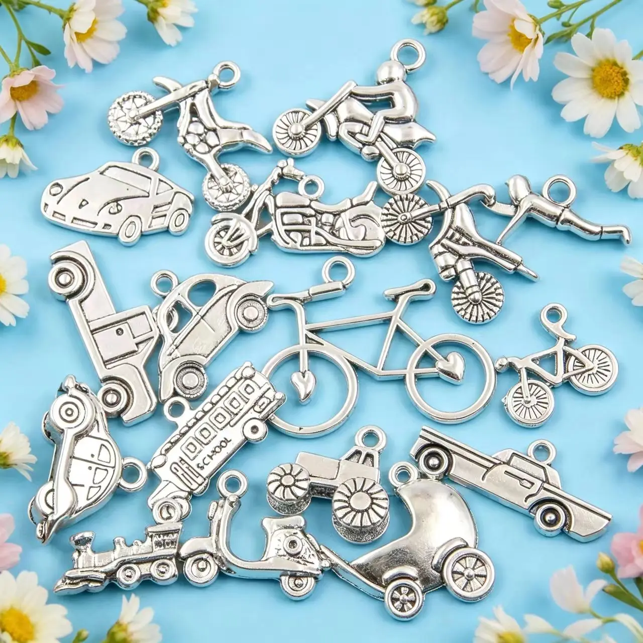 10Pcs 16Style Mixed Alloy Vehicle Charms for DIY Jewelry Making Pendant, Bicycle Motorcycle Train Car Truck Keychain Accessories