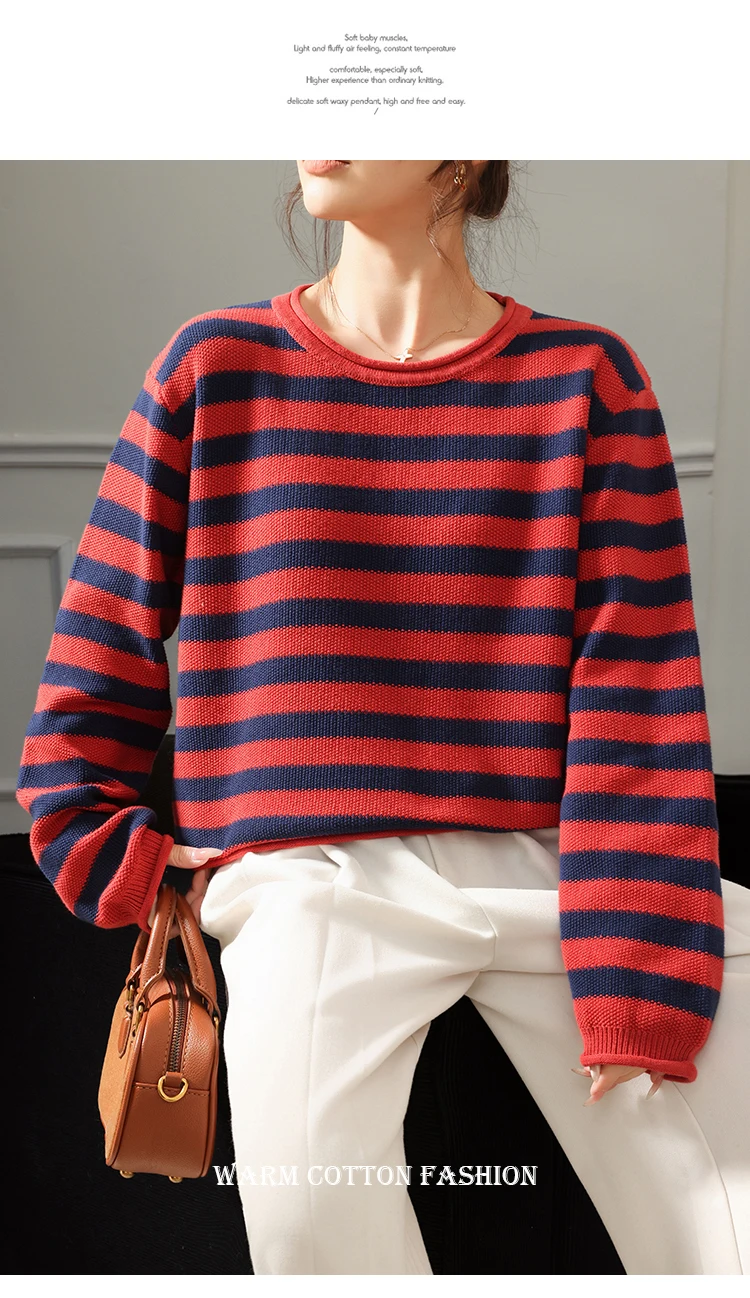 Fashion 100% pure cotton women's sweater autumn and winter casual striped knitted top loose Korean round neck women's pullover