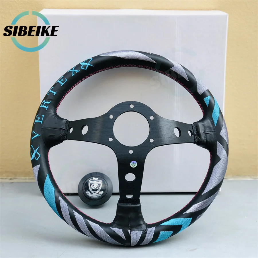 JDM Vertex Labyrinth Leather Steering Wheel 13inch Universal Deep Dish Sports Steering Wheel