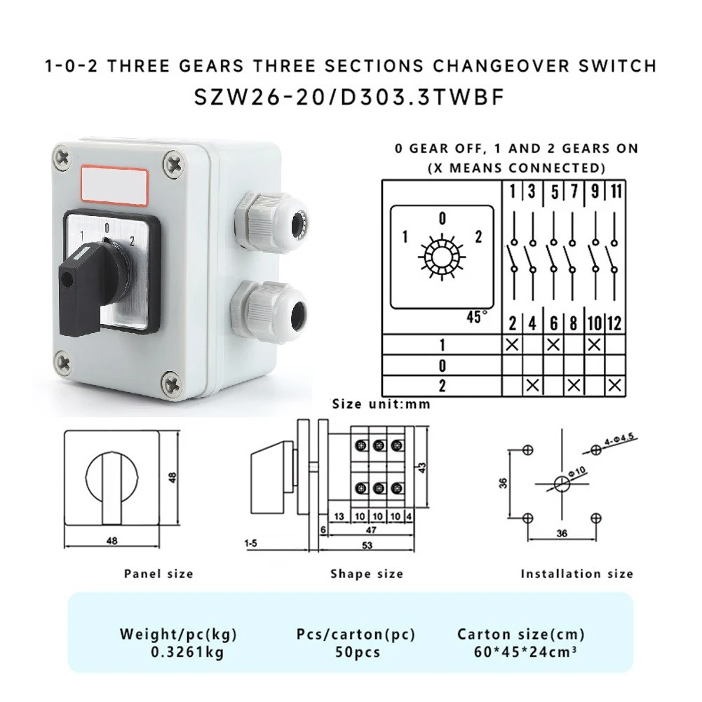 Rotary Cam Type Changeover Switch SZW26-20 20A for Forward Stop Reverse Motor Control in Industrial Machinery and Panels