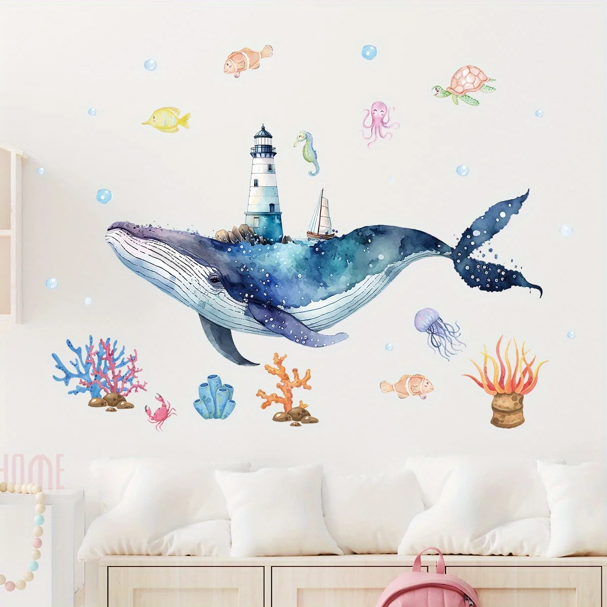 1pc Cartoon Cute Whale Seaworld Wall Stickers for Kids Room Children's Room Removable Living Room Nursery Decoration Wall Decals