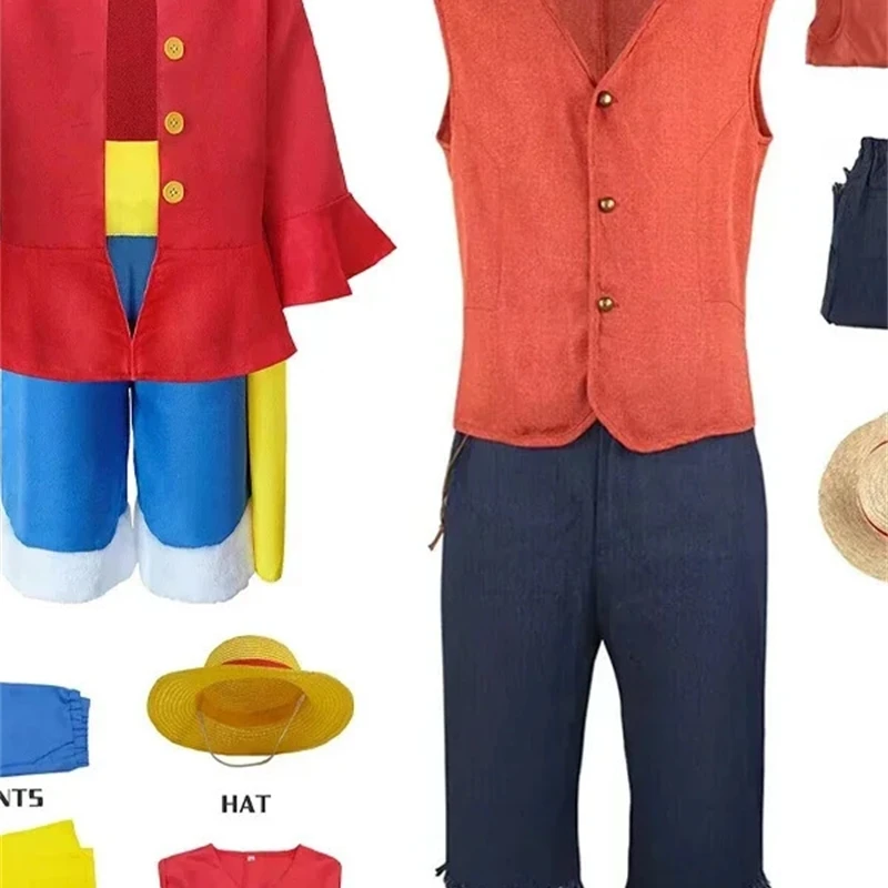 Movie Monkey D Luffy Cosplay Costume Anime Kids Uniform Straw Hat Pants Red Top Full Set Halloween Carnival Party for Men Women
