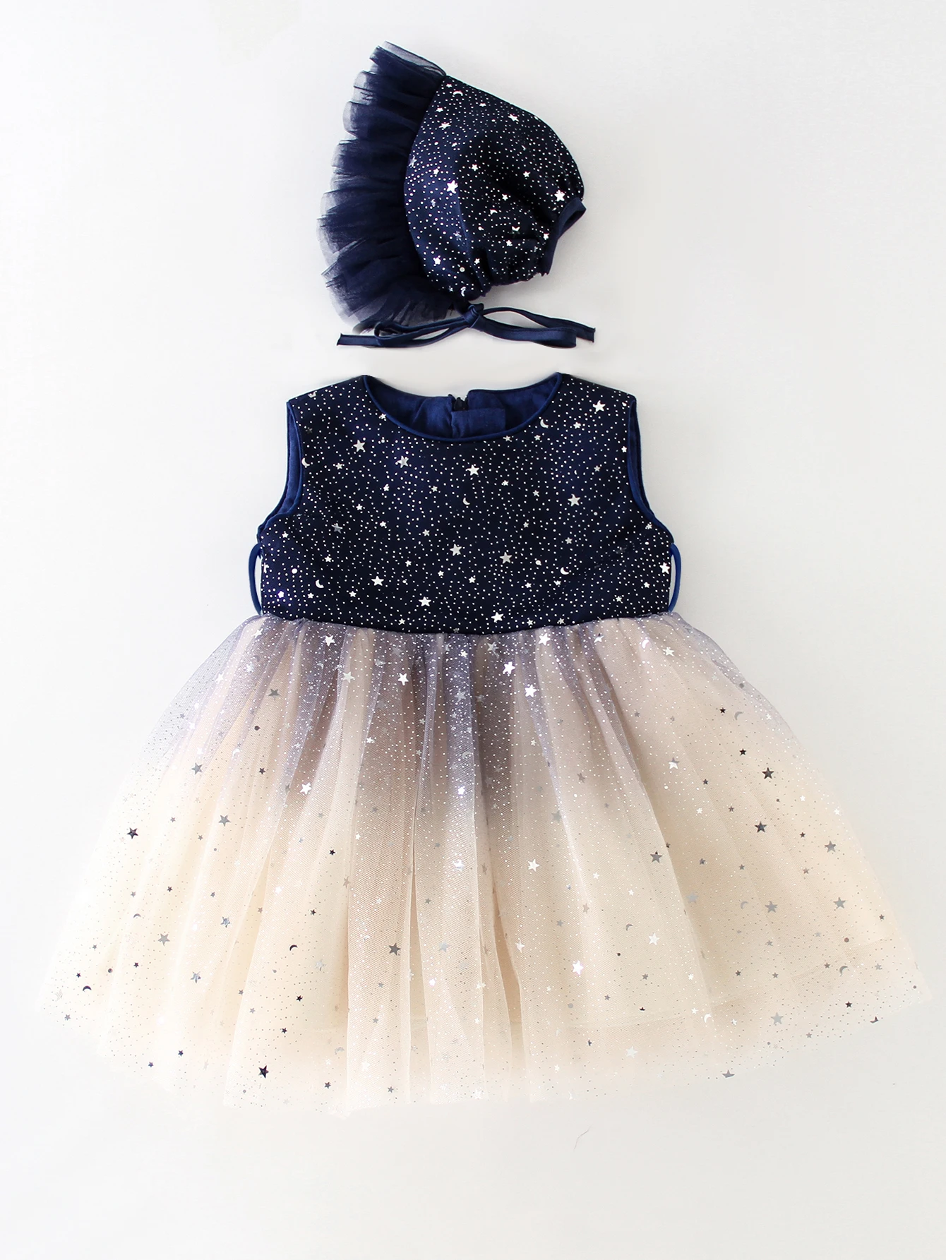 

Baby Girl Dress Soft Tulle Satin Star Sequins Sleeveless with Hood Navy Blue Baby girl Party Wedding Flower Girls Dress