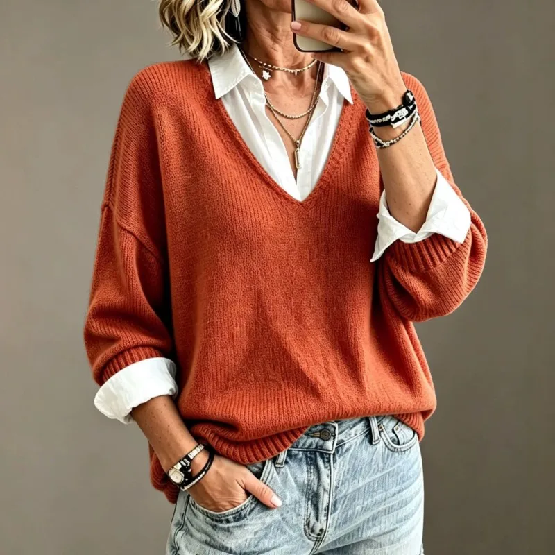 2026 New Autumn And Winter Women's Sweater Splicing Color Collision Casual Fashionable Versatile Simple Comfortable Warm Sweater
