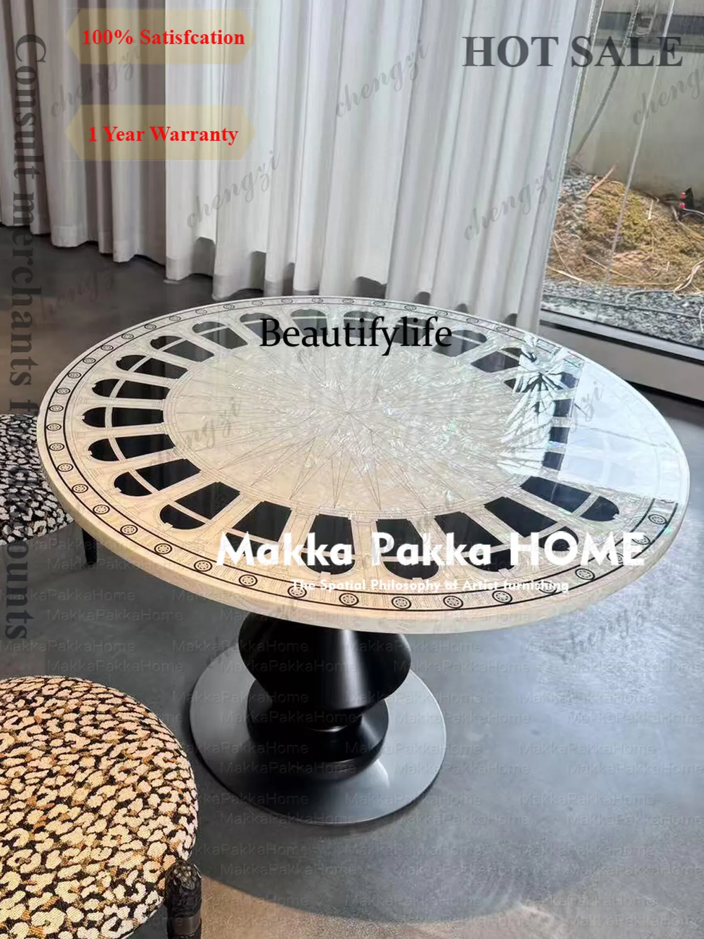 c139 French antique designer creative shell round dining table Italian light luxury high-end solid wood villa