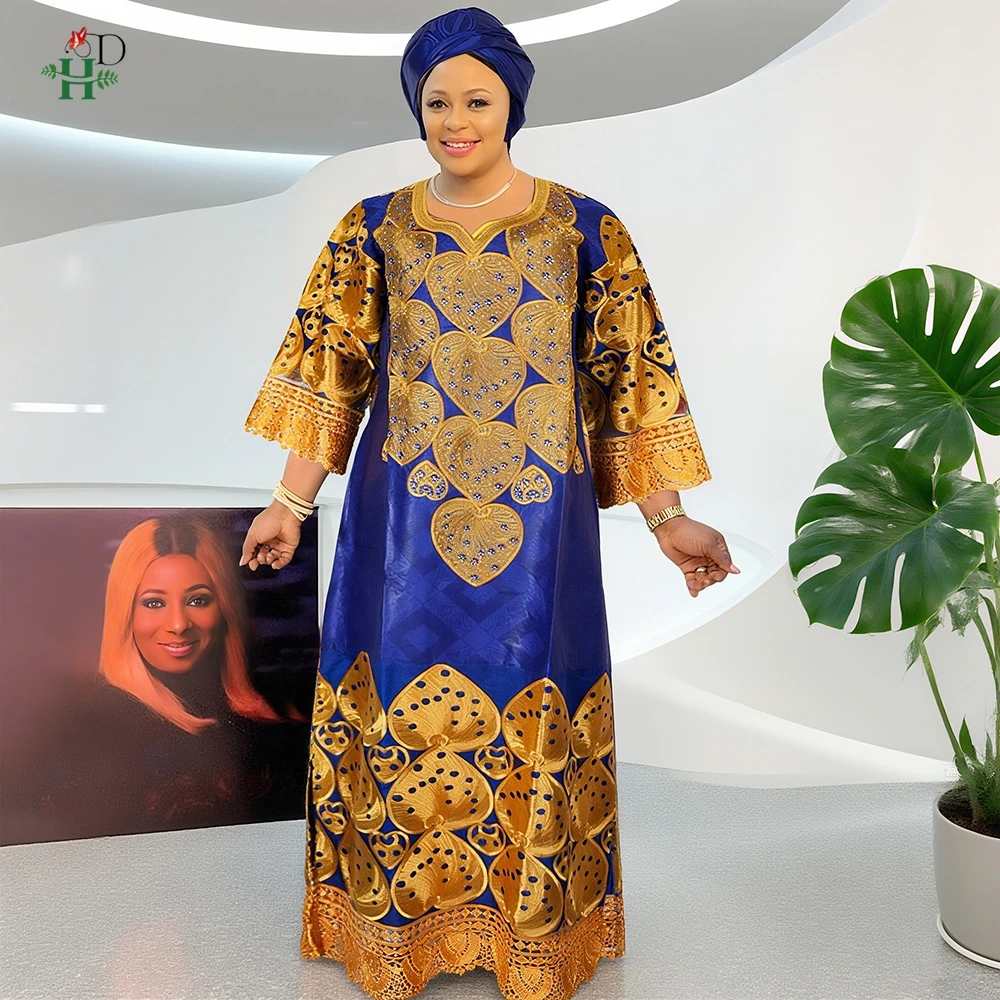 

H&D African Women's Dresses Embroidery Bazin Riche Dress Plus Size Wedding Bubu Gowns Elegant Kaftan Boubou Djellaba Clothes