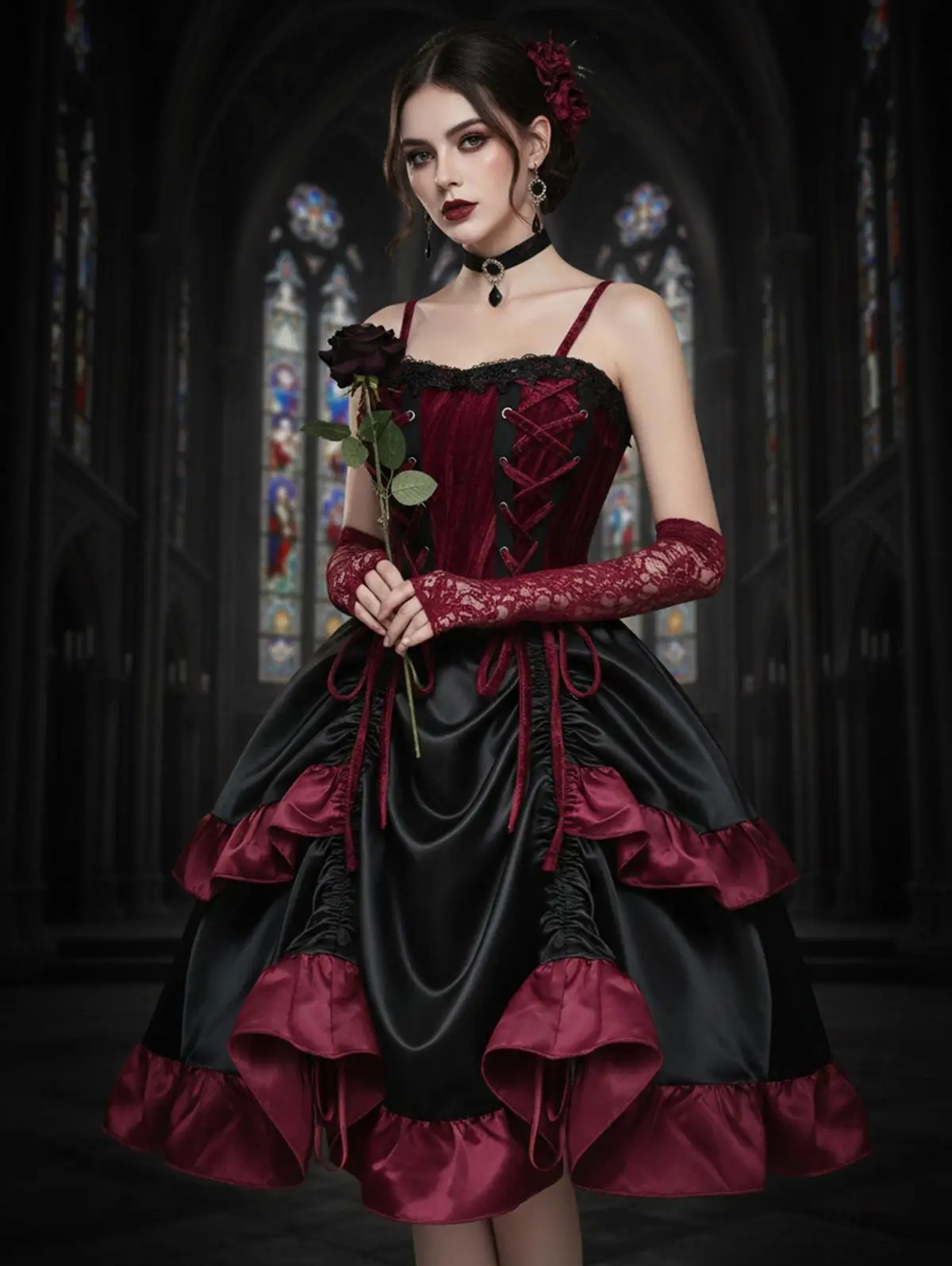 Gotisches Schnürkleid mit Rüschen und Lagenlook 2026 Damen Sommer Neu Tiefrot Club-, Cocktail- & Partykleider A-Linie Vestidos