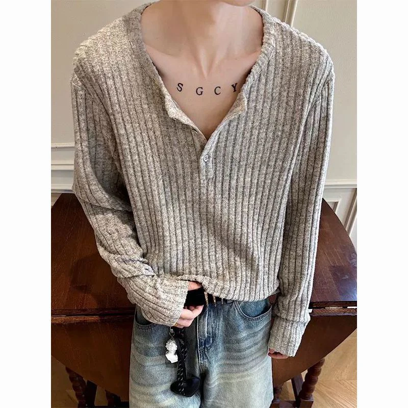 Autumn Winter Men Henley Collar Long Sleeve T Shirt Striped Teenagers Fashion Casual Simple 2xl Oversized Sweatshirt Grey Beige