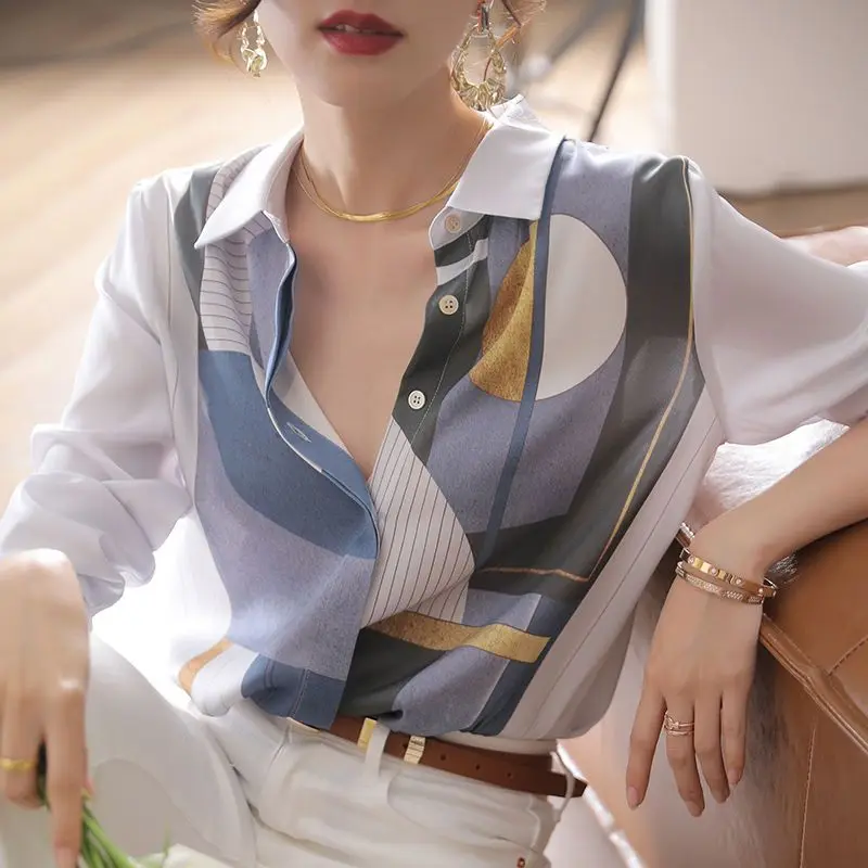 

Korean Clothing Women Long Sleeve Satin Shirt Spring Autumn Office Lady Printing Fashion Youth Chic Pretty Loose Casual Blouse