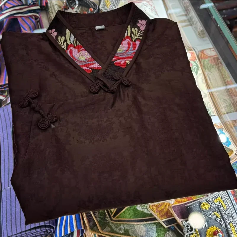 Chińska koszula tybetańska Xizang z dekoltem w kształcie litery V, damska bawełna Retro Tiansi