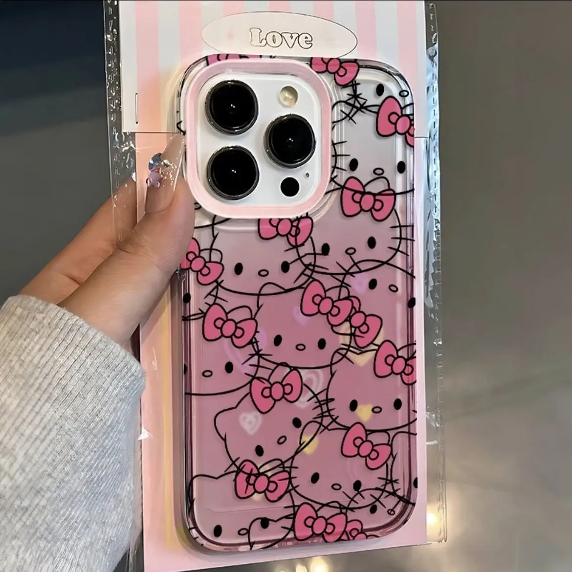 Sanrio Hello Kitty Bow Full Screen KT Gradient Phone Case For iPhone 16 15 14 13 12 11 Pro Max XR XS MAX 7 8 Plus Y2K Pink Cover