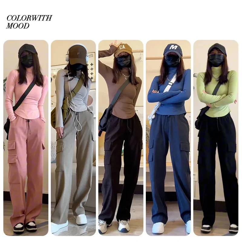 

Loose Cargo Pants Women Pockets Streetwear HotGirl Wide Leg Pants High Waist Drawstring Aesthetic Black Pink Safari Style