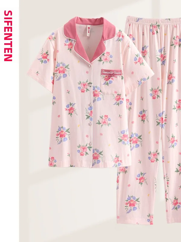 fenteng-女性の夏の綿パジャマルーズフィット半袖長ズボンホーム服軽量快適な寝間着