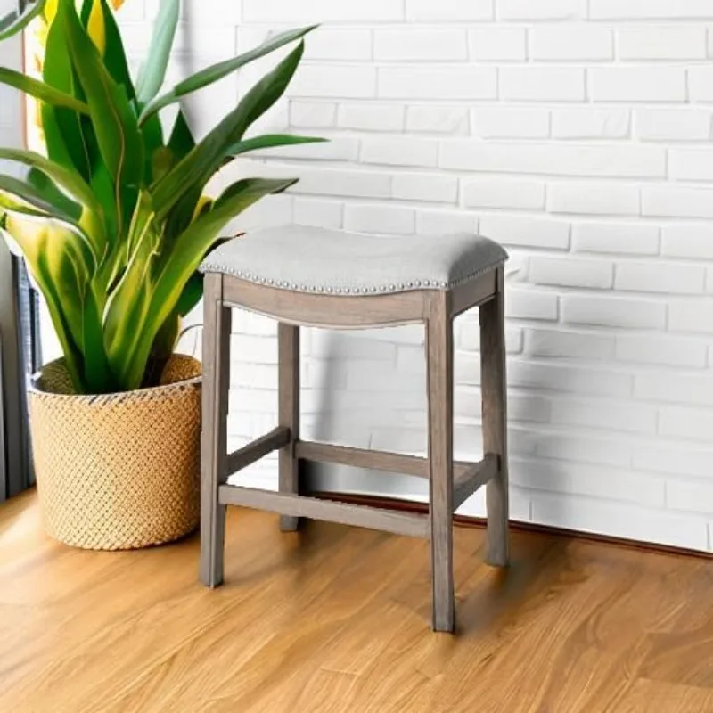 Adrien 26 Inch Counter Height Upholstered Backless Saddle Barstool in Reclaimed Oak Finish with Ash Grey Fabric Cushion Seat