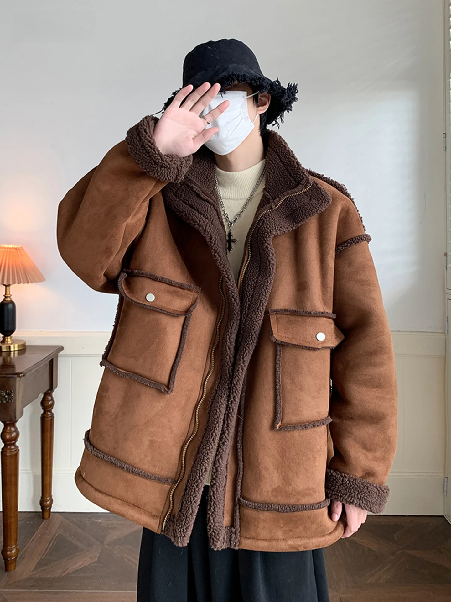 Lamsfluweel Thiened Heren Jaet Winter Warm Los Plus Size Katoenen Jas Trendy Amerikaans Sle Bont En Leer Geïntegreerd C...