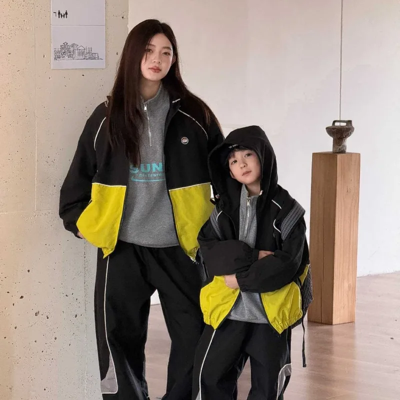 Family Look Matching Outfits Mom Dad Son Daughter Color Block Hooded Jacket Autumn Parent Child Water Resistant Zip Up Coat