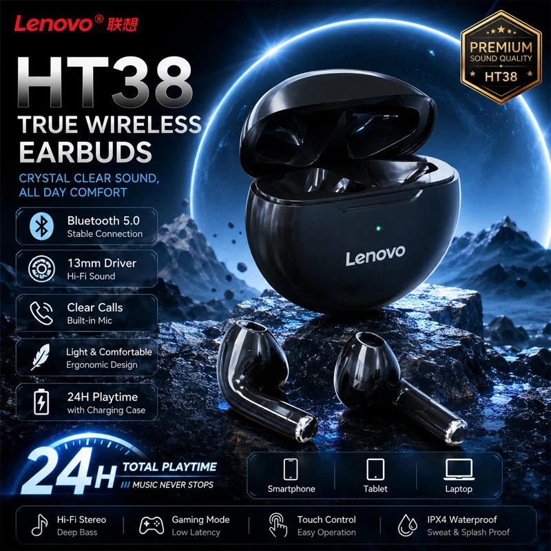 Original Lenovo HT38 Wireless Headphones TWS Bluetooth Earphones HD Stereo Game Call Noise Reduction Earbuds Music Sport Headset