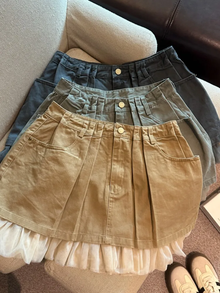 

Retro Style Patchwork High Waist Slimming Denim Short Skirt Women's Summer Korean Version Pleated Flower Half Skirt A-Line Skirt