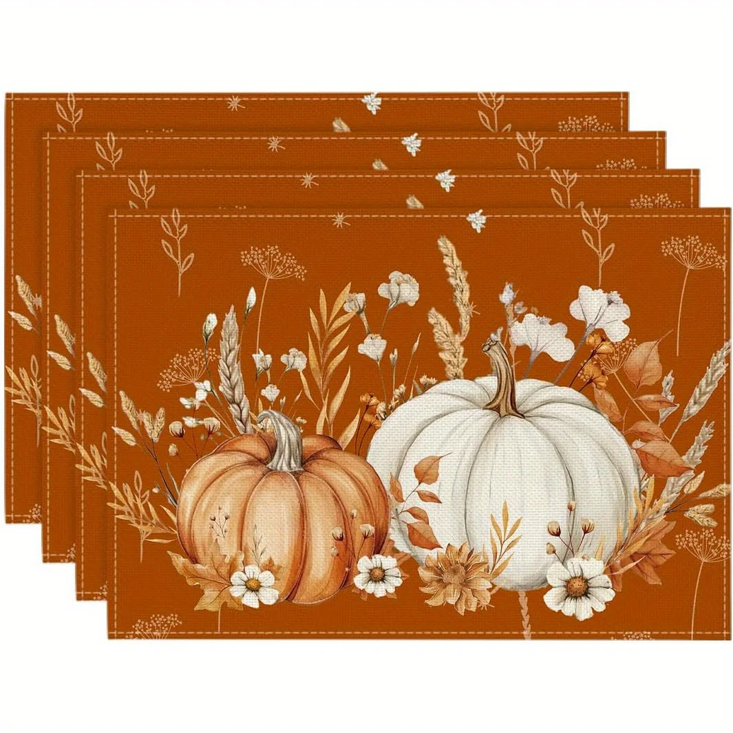 Autumn Harvest Pumpkin Floral Placemats Stain Proof Heat Resistant For Family Thanksgiving Holiday Party