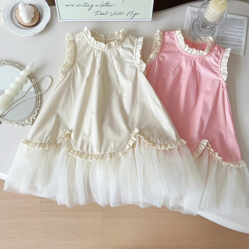 

2-8 years old girls dress 2024 summer new girls sleeveless solid color mesh dress cute girl temperament princess dress