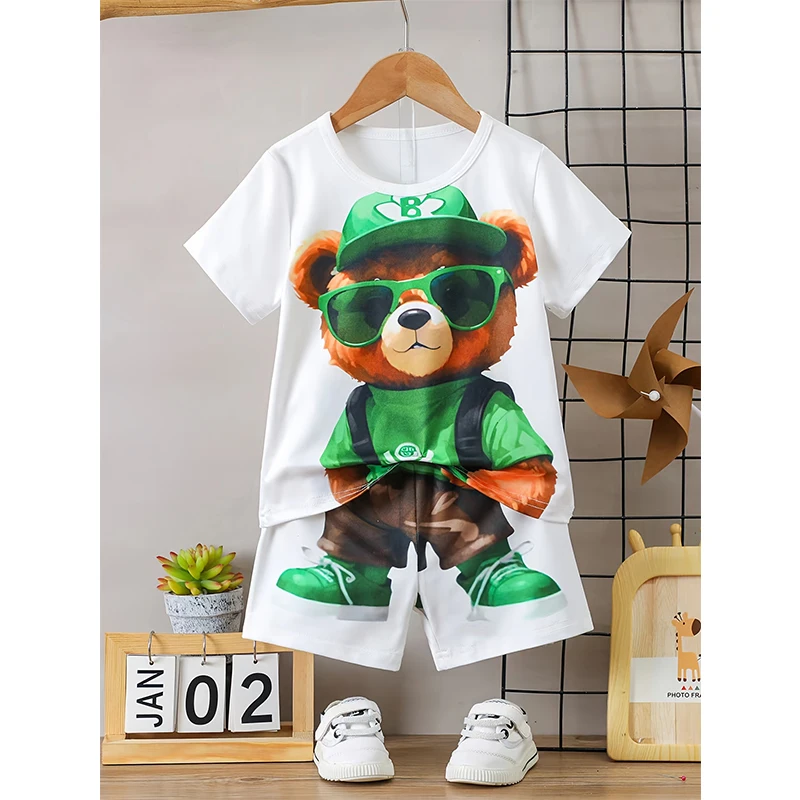 2024 Fashion Men's Set Print Cute Bear Oversized Men's Loose Top Summer Casual Breathable Refreshing Short Sleeve Shorts