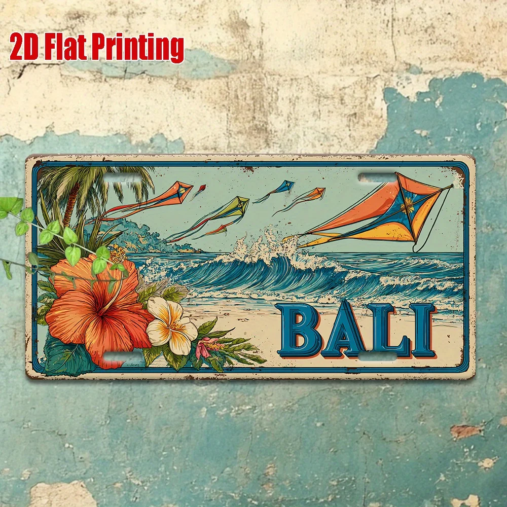 Bali Indonesia Tropical Beach & Kite Festival Themed Aluminum Metal Sign 2D Flat Printing Distressed Vintage License Plate Style