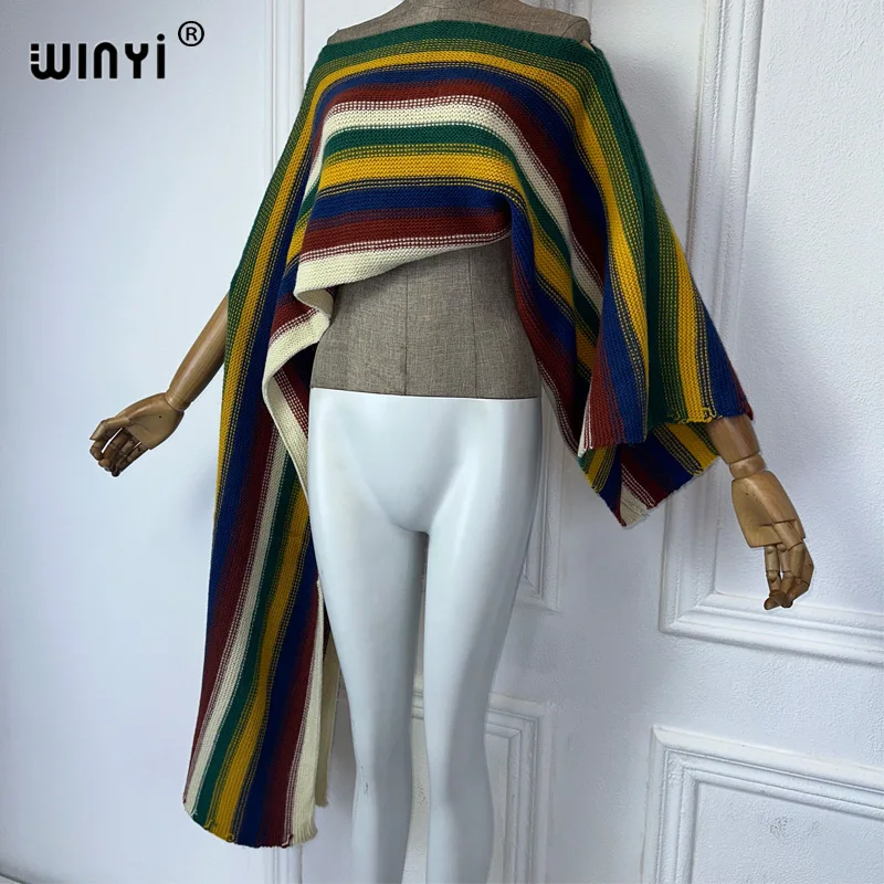 WINYI moda w paski sweter z dzianiny szal nieregularny rękaw płaszcz damskie topy jesienne i zimowe wakacje modne poncho