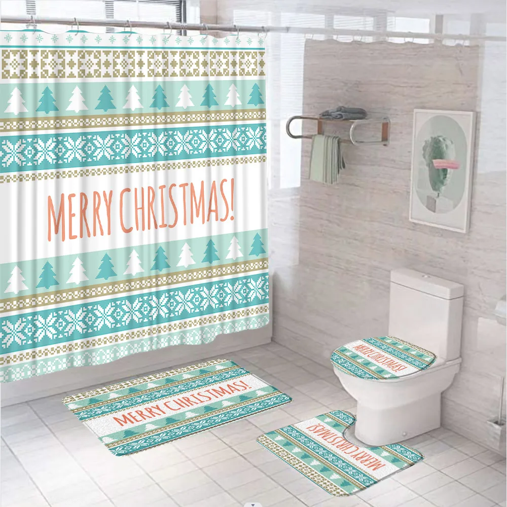 Boho Christmas Bathroom Set with Shower Curtain Rug Bath Mat Lid Toilet Cover Xmas Snowflakes Tree Winter New Year Bath Curtains