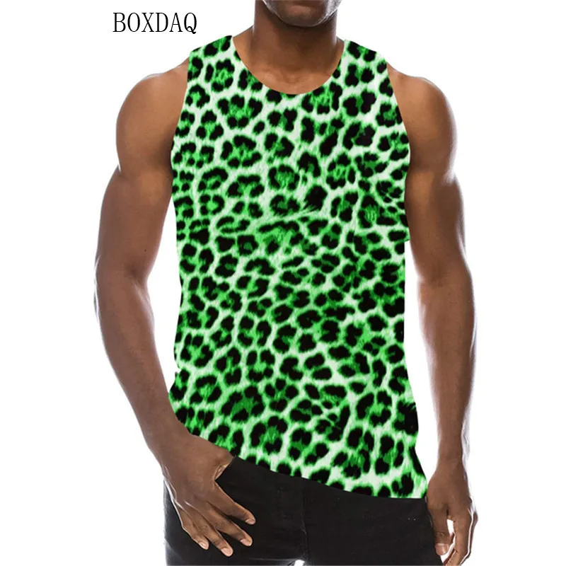 Fashion Leopard Men\'s Tanks Summer Sleeveless Animal Pattern 3D Print Male Vest Loose Casual Round-Neck Sporty Gym Tops Hip Hop