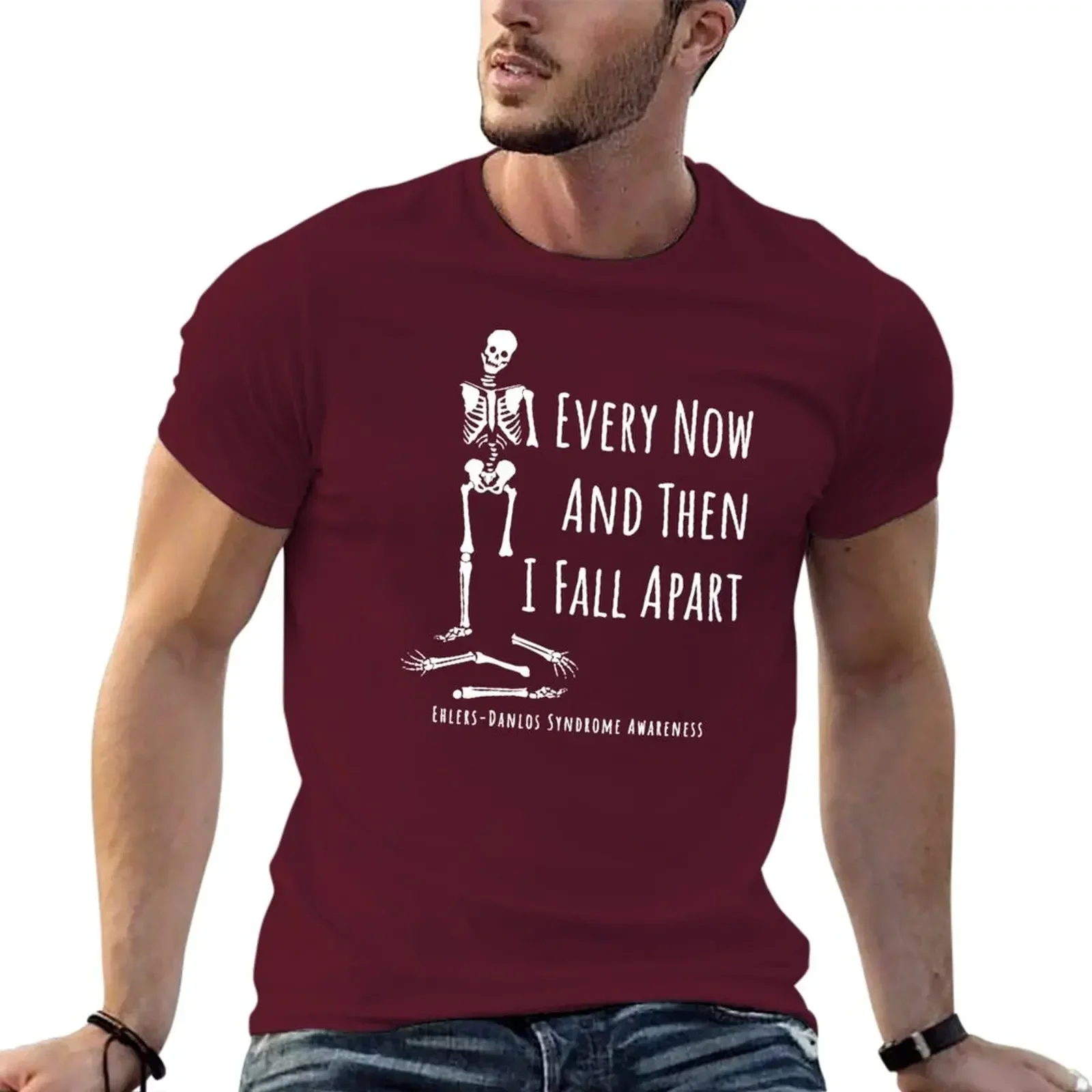 hippie clothes customizeds Men's t-shirt  Ehlers Danlos Awareness Every Now And Then I Fall Apart Skeleton Light Text T-Shirt