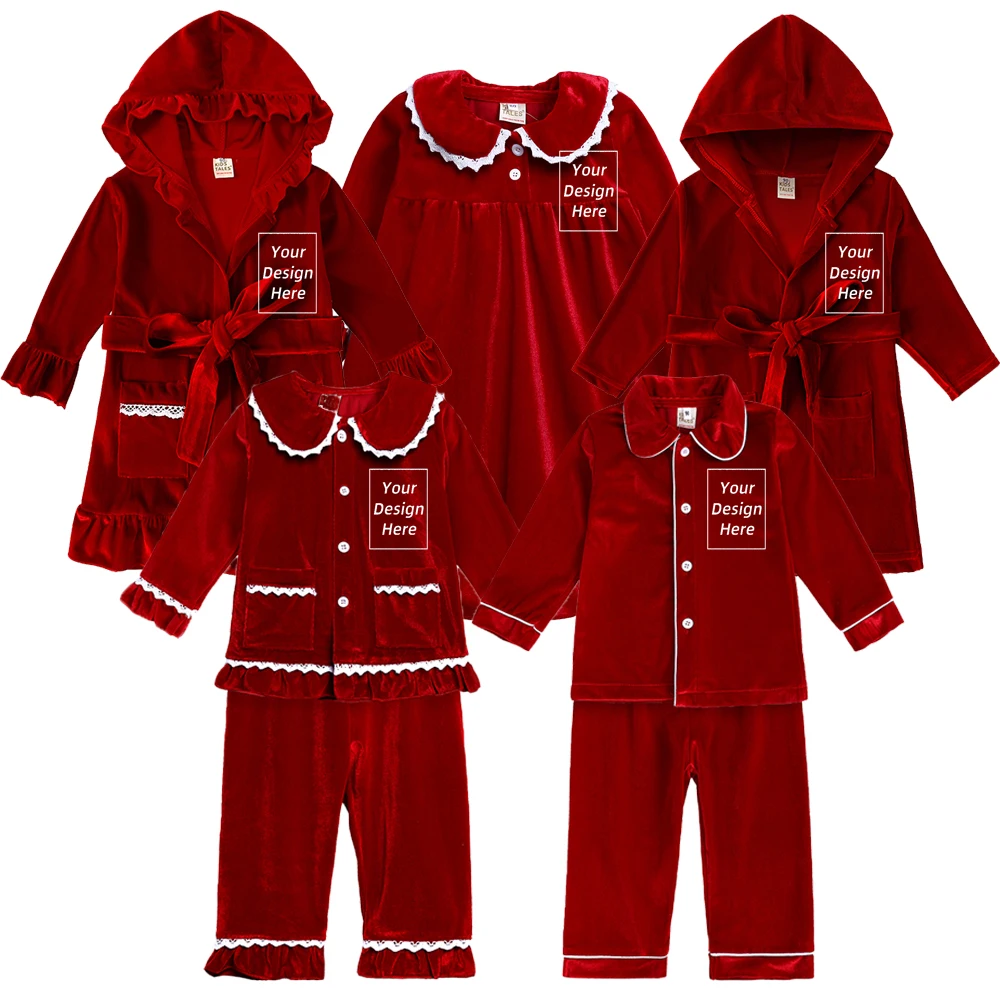 

2024 Custom Kids Christmas Costume Red Velvet Print Overalls Family Match Boy Girl Robes Dress Suit First Xmas Gift Clothes