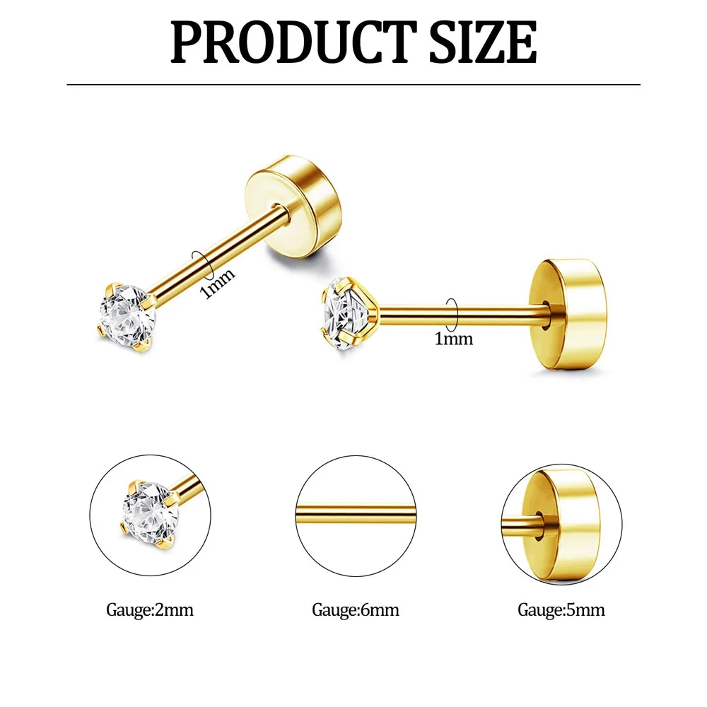 2pcs Tiny Surgical Stainless Steel 2mm Small CZ Dot Ball Flat Screw Back Stud Earrings Ear Piercing Hoop Jewelry Set