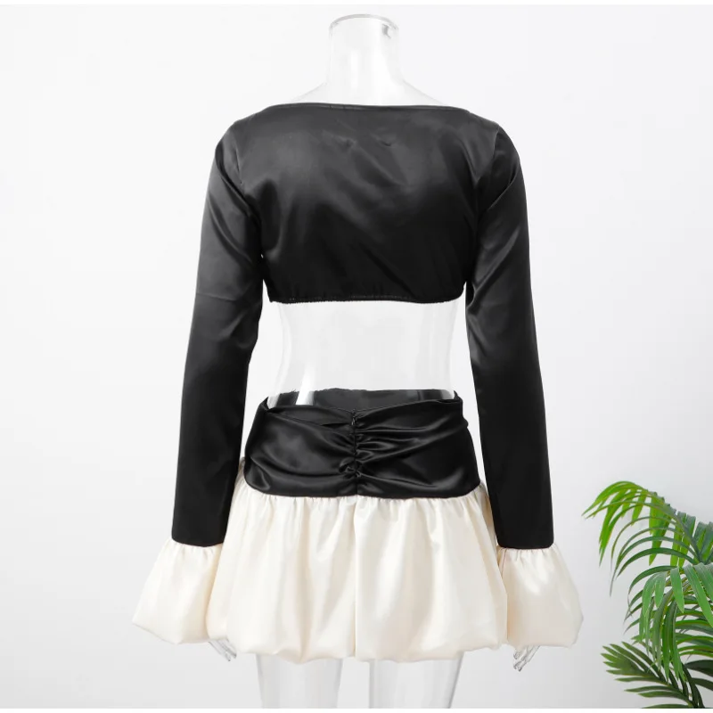 2025 New Sexy Contrast Spliced Long Sleeve Crop Tops Sets Women Mini Skirt Suit 2 Piece Set Pleated Lady Chic Party Club Outfit