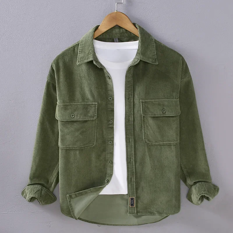 

Autumn Winter Men's Shirts Japanese Vintage Cargo Shirt Men Long Sleeve Pure Cotton Corduroy Button Up Shirt Casual Loose Shirt