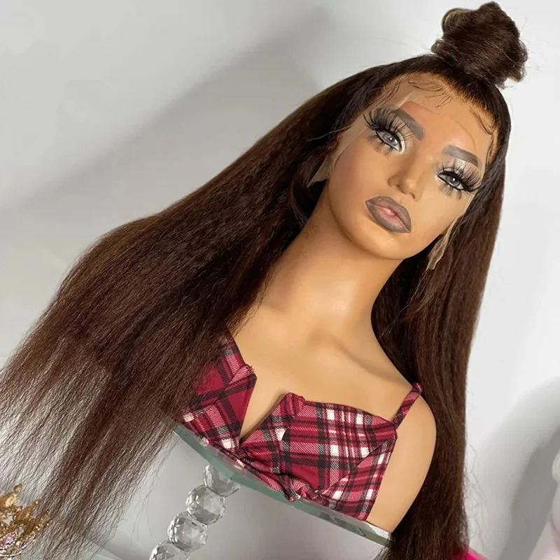MXWIG Dark Brown Hair Yaki  Straight Synthetic 13X4 Lace Frontal Wigs Long  Wig Glueless Soft Hair Heat Resistant Fiber Party