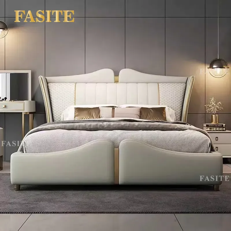 For King Size Bed Luxury Leather Upholstered Modern Simple Solid Wood Frame Soft Double Bed Hotel Home Bedroom Furniture