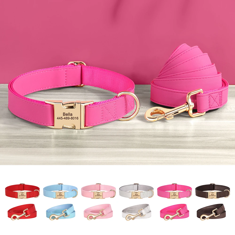 Custom Dog Collar Leash Set PU Leather Dog Collars Engraved Pet ID Necklace With Lead Rope Durable for Small Medium Large Dogs