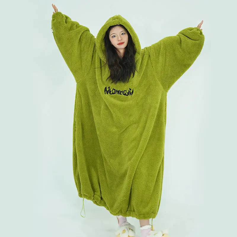 Super long nightgown pajamas women\'s autumn and winter all-in-one hooded coral velvet thickened loose sweater household clothes